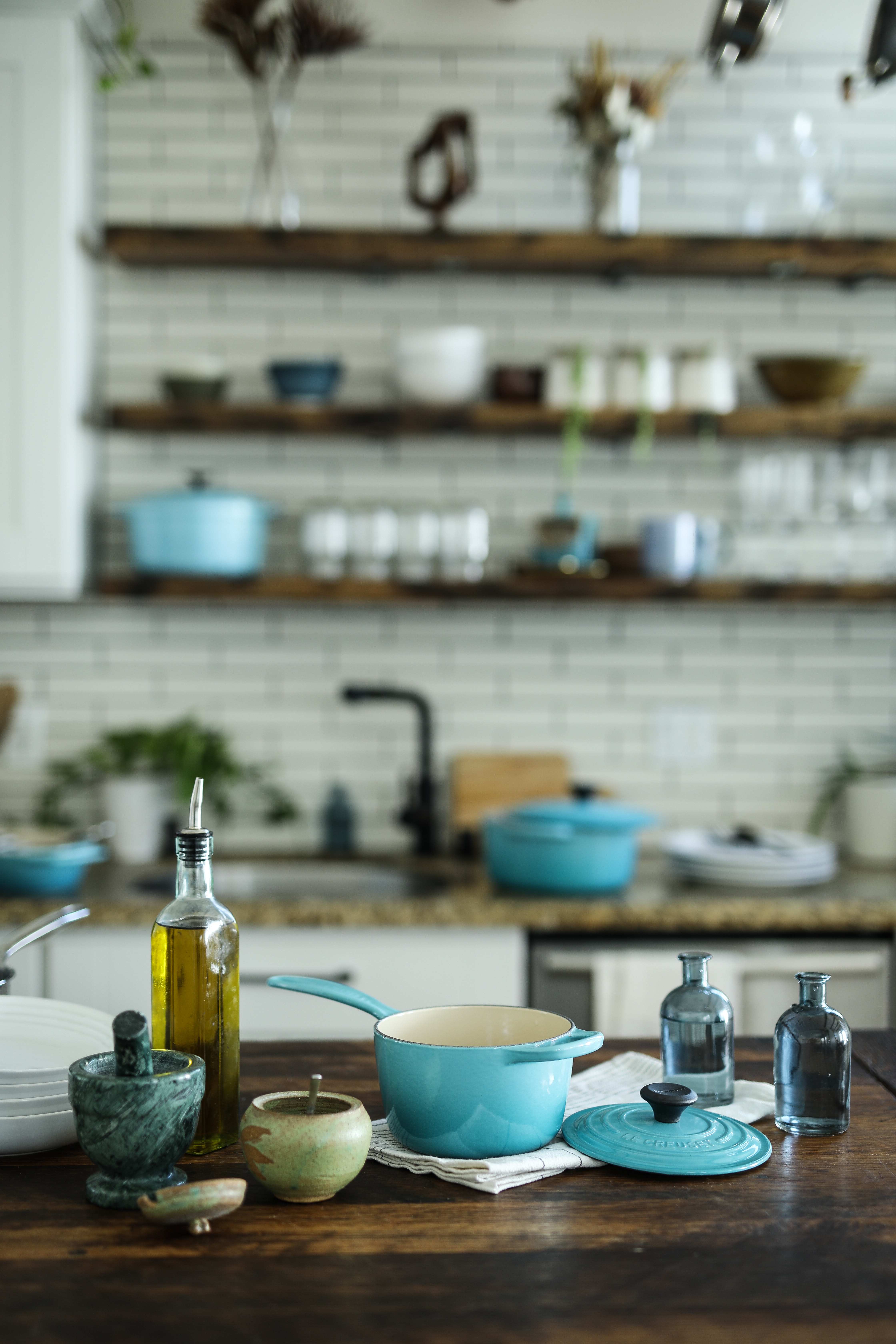 Olive oil on the kitchen counter